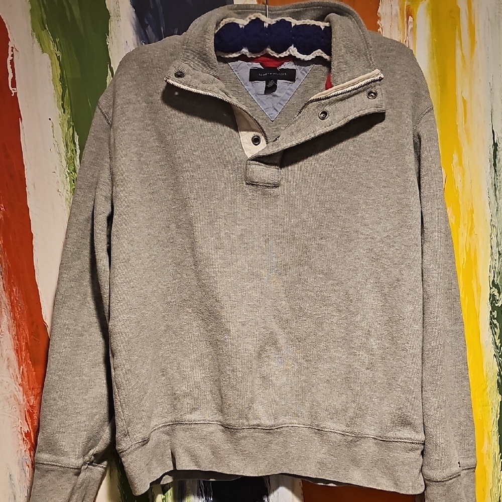 Tommy Hilfiger Light Gray Men's Button Zipper Up Sweater  Large SweatShirt